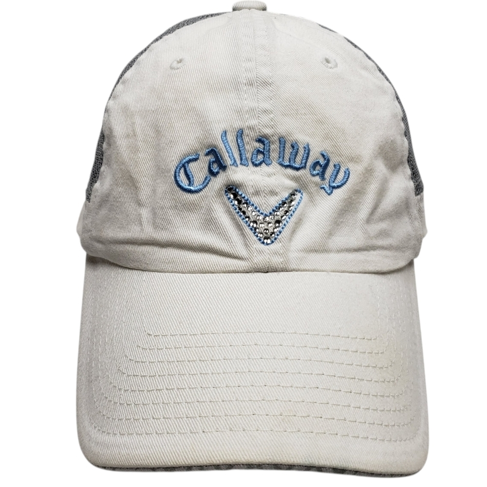 Callaway Golf Hat Adjustable White Blue Cap Bling Beaded Details Cotton Mesh